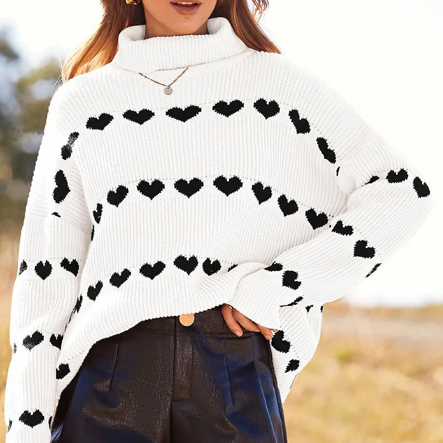 Valentine's Day Women's Heart Print Sweaters Long Sleeve Turtleneck Oversized Pullovers Casual Knit Tops