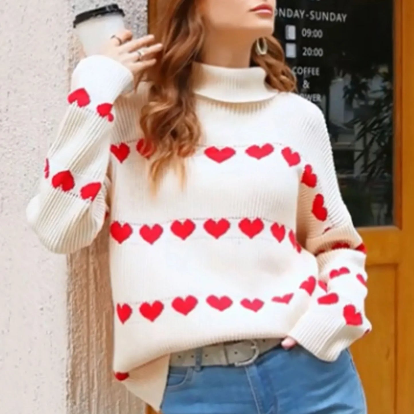 Valentine's Day Women's Heart Print Sweaters Long Sleeve Turtleneck Oversized Pullovers Casual Knit Tops