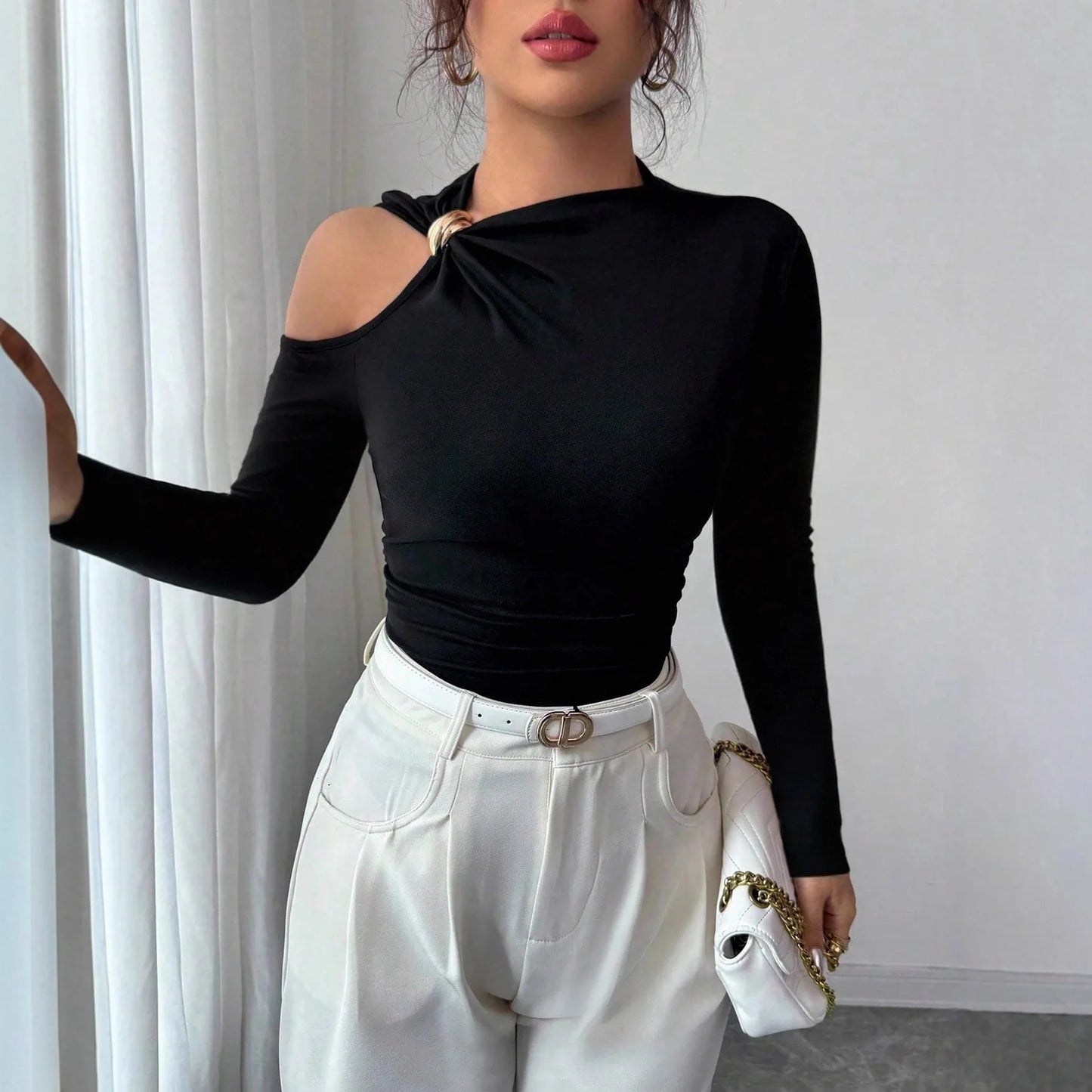 Asymmetric Collar Single-sided Off-shoulder Metal Decorative Slim Top