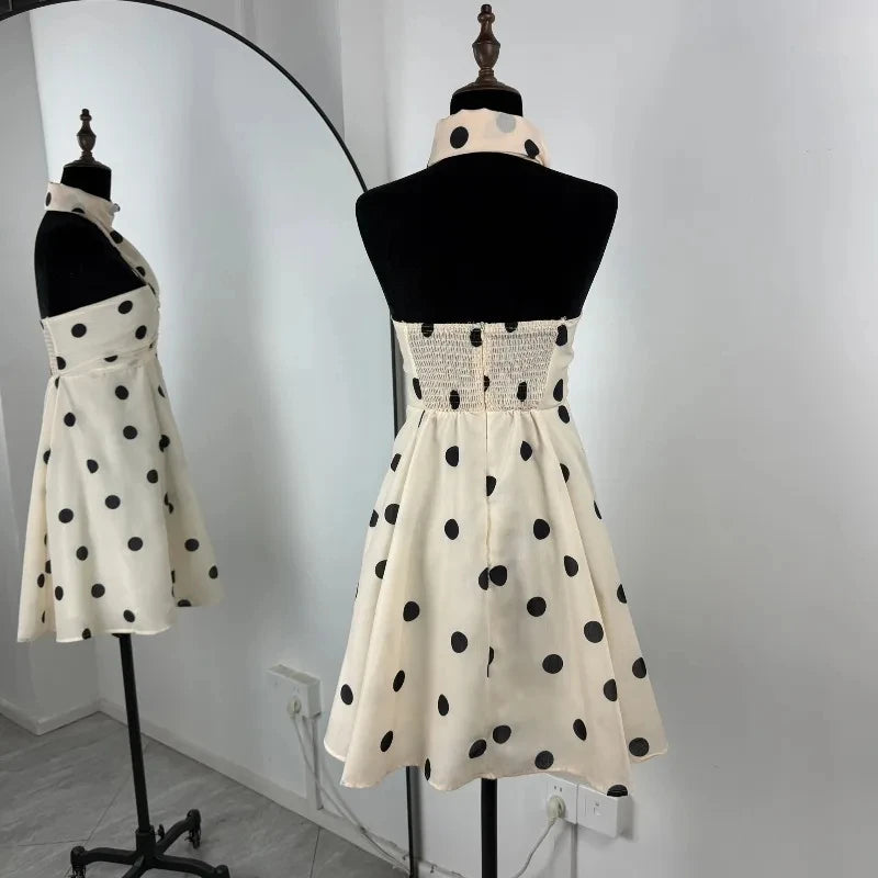 Polka Dot Halter Mini Dress Women Double Layer Lace Up Backless Boho Dresses Printed Dress For Beach Holiday