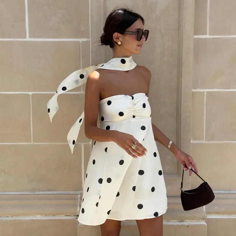 Polka Dot Halter Mini Dress Women Double Layer Lace Up Backless Boho Dresses Printed Dress For Beach Holiday
