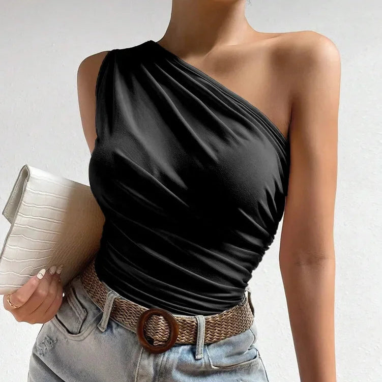 One Shoulder Pleated Tank Top Summer Solid Sleeveless Ruched T-shirt Streetwear Off the Shoulder Top