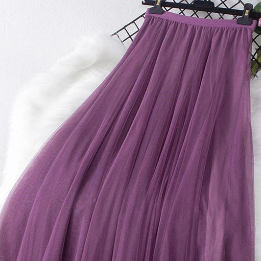 Long Tulle Skirt - Casual High Waist Solid Simple 3 Layers Long Skirt - Long skirt in various colors