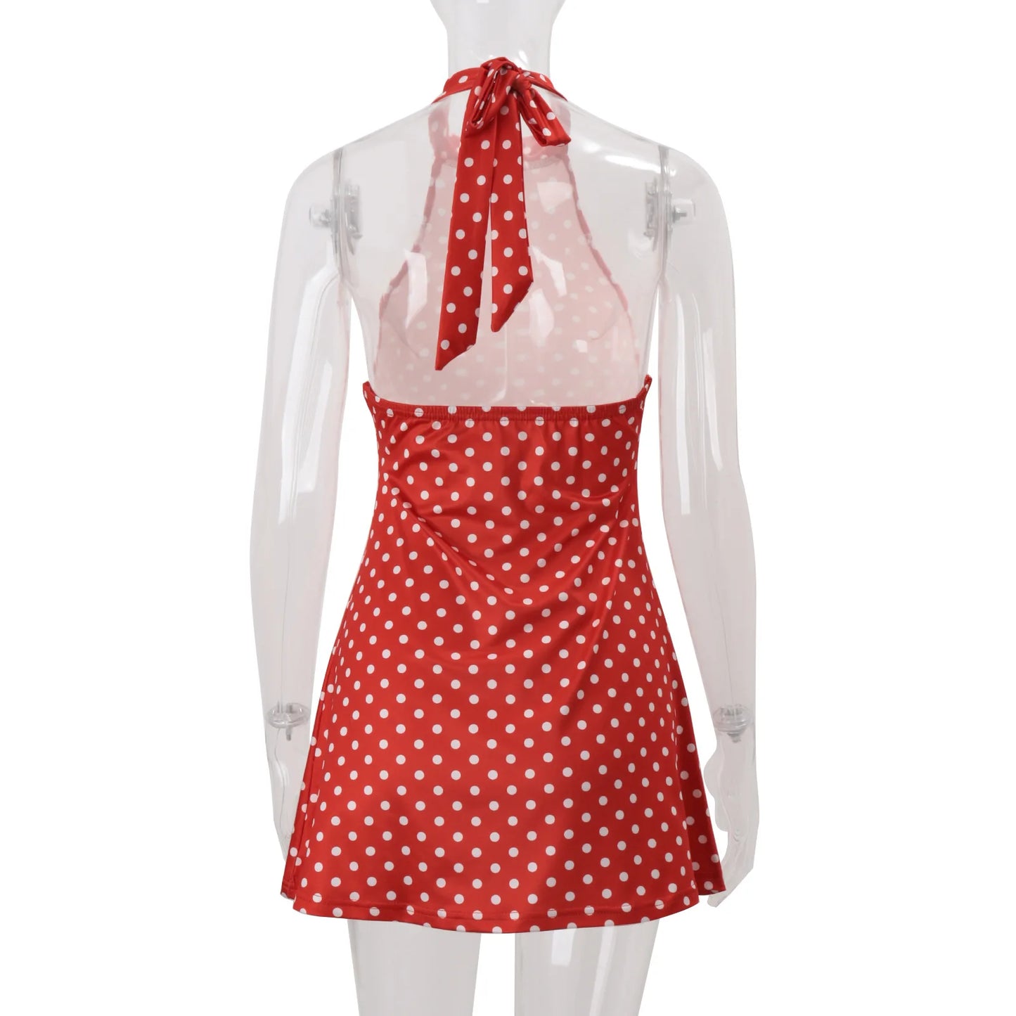 Polka Dot Elegant Off Shoulder Sleeveless Backless High Waist Halter Mini Dress
