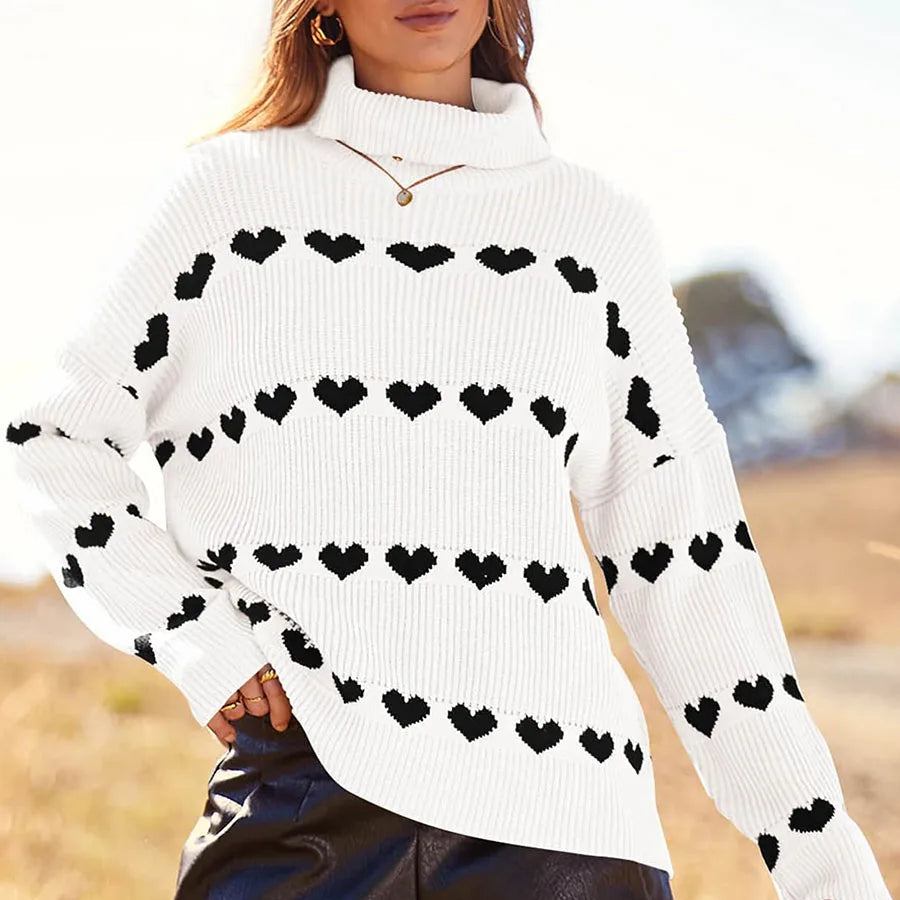 Valentine's Day Women's Heart Print Sweaters Long Sleeve Turtleneck Oversized Pullovers Casual Knit Tops