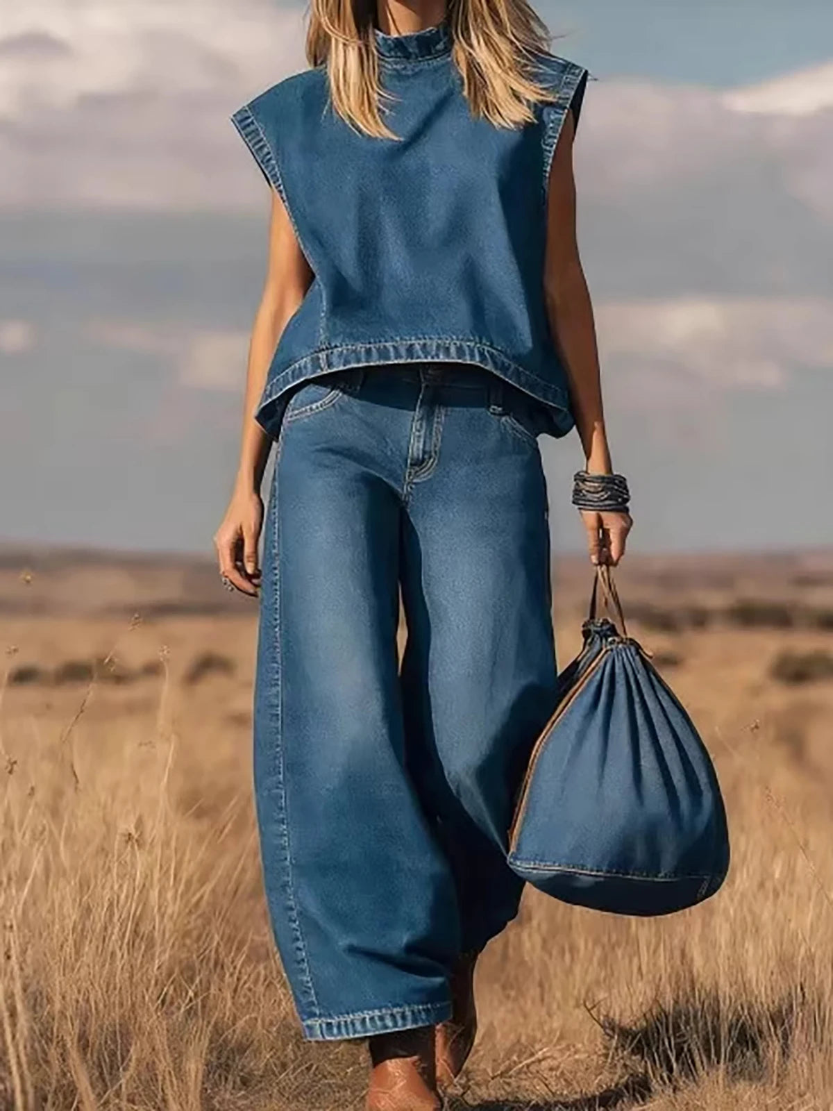 Vintage Western Denim Vest Top Two Piece Set Solid Crew Neck Sleeveless Loose T-Shirt With Wide Leg Pants