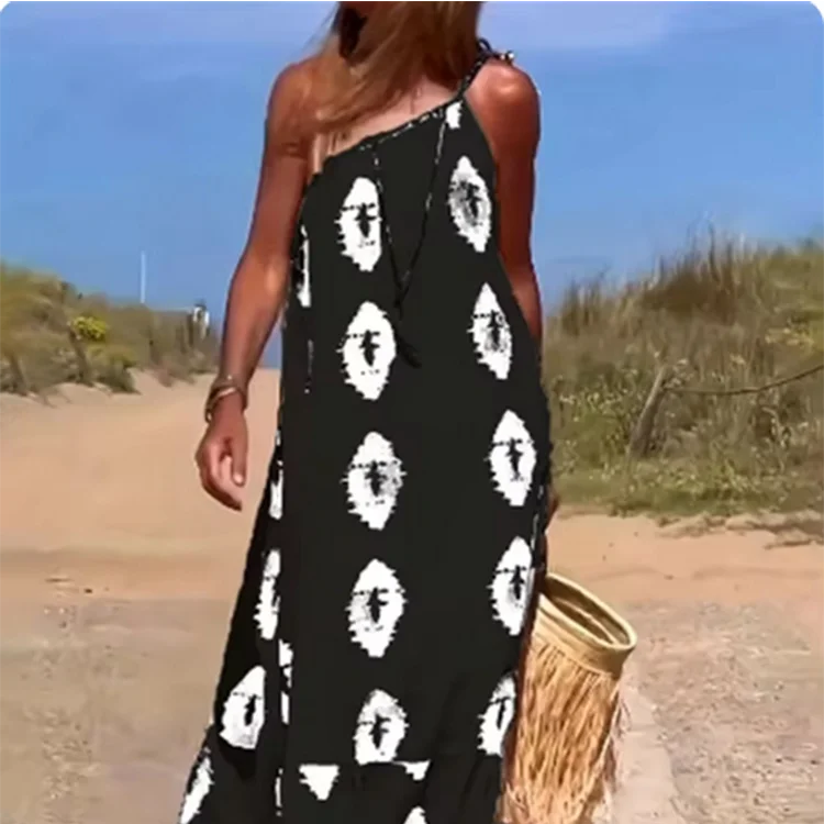 Women's Sleeveless Sloping Shoulder Dress Bohemian Printed Loose Dress Summer Sexy Party Dresses