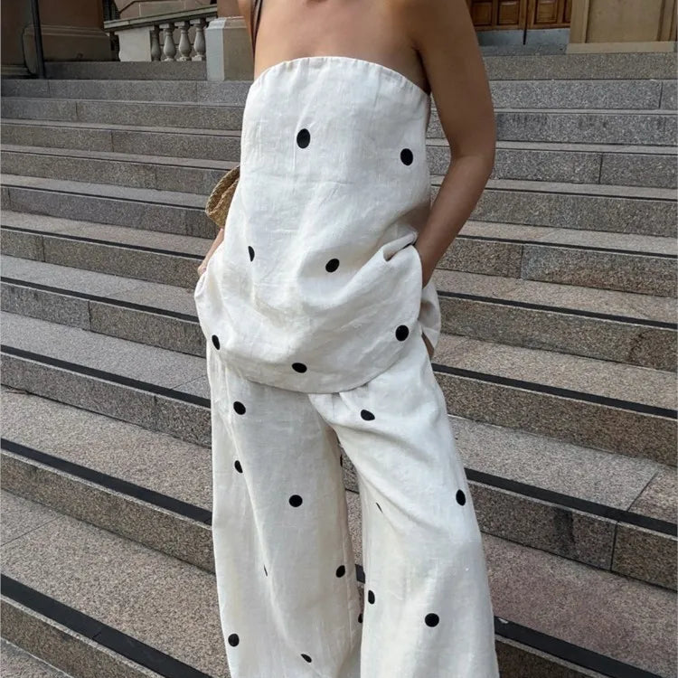 Backless Polka Dot Tops Pants Sets Loose Strapless Back Split Vest Pocket Wide Leg Pant