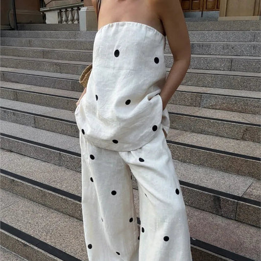 Backless Polka Dot Tops Pants Sets Loose Strapless Back Split Vest Pocket Wide Leg Pant