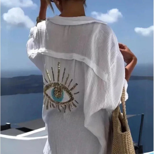 Casual Sequin Eye Shirt Dresses - Beach Style Loose Button Sun Protection - Cotton Linen Shirt Dress