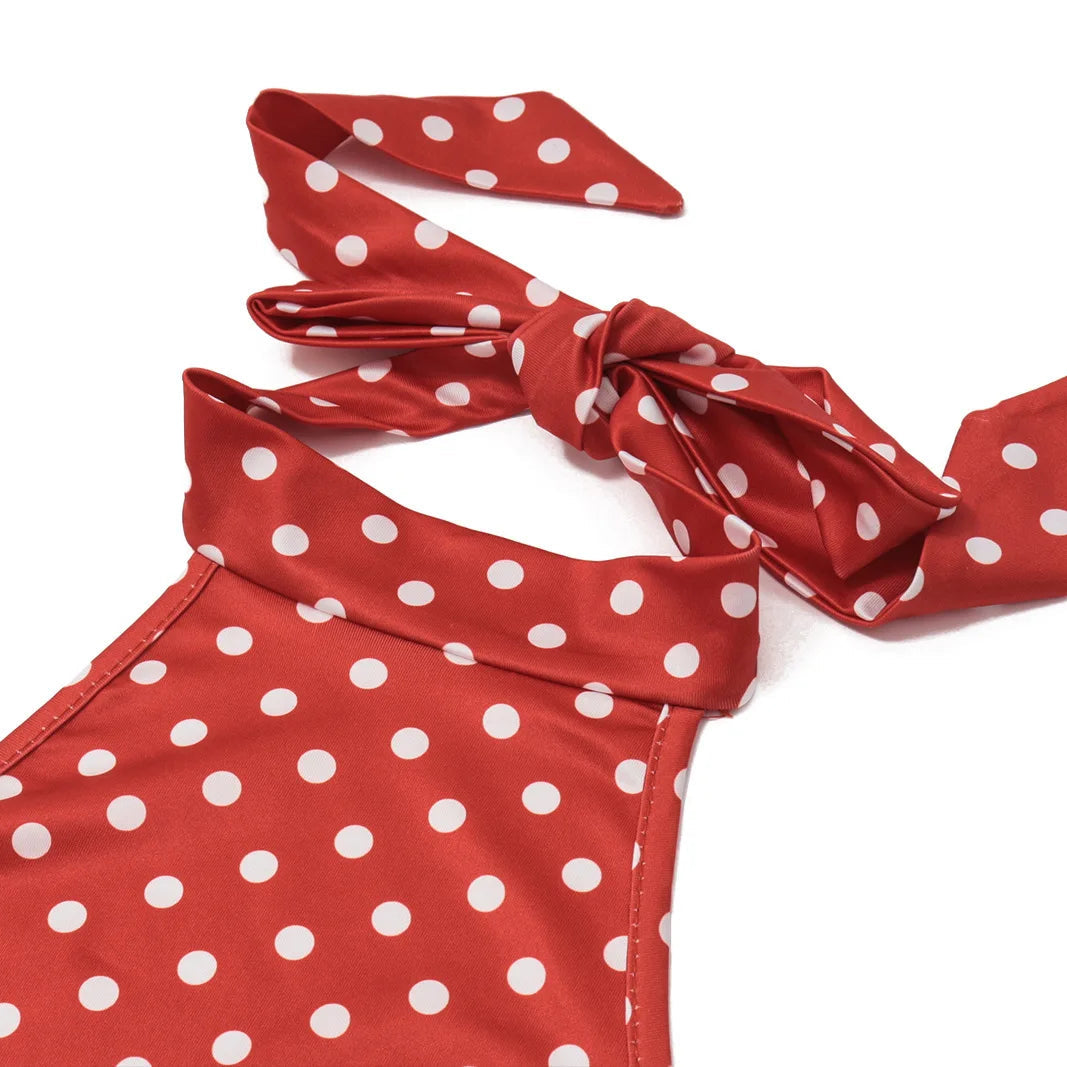 Polka Dot Elegant Off Shoulder Sleeveless Backless High Waist Halter Mini Dress