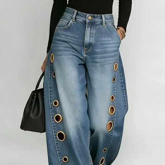 American High Street Straight Leg Jeans Women Metal Ring Hollow Long Jeans Autumn Casual High Waist Pockets Baggy Denim Pants