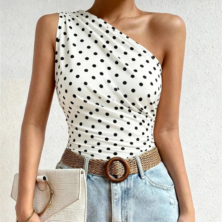 One Shoulder Pleated Tank Top Summer Solid Sleeveless Ruched T-shirt Streetwear Off the Shoulder Top