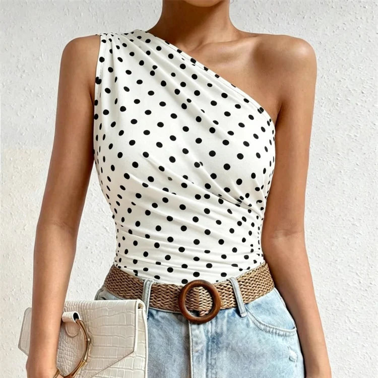 One Shoulder Pleated Tank Top Summer Solid Sleeveless Ruched T-shirt Streetwear Off the Shoulder Top