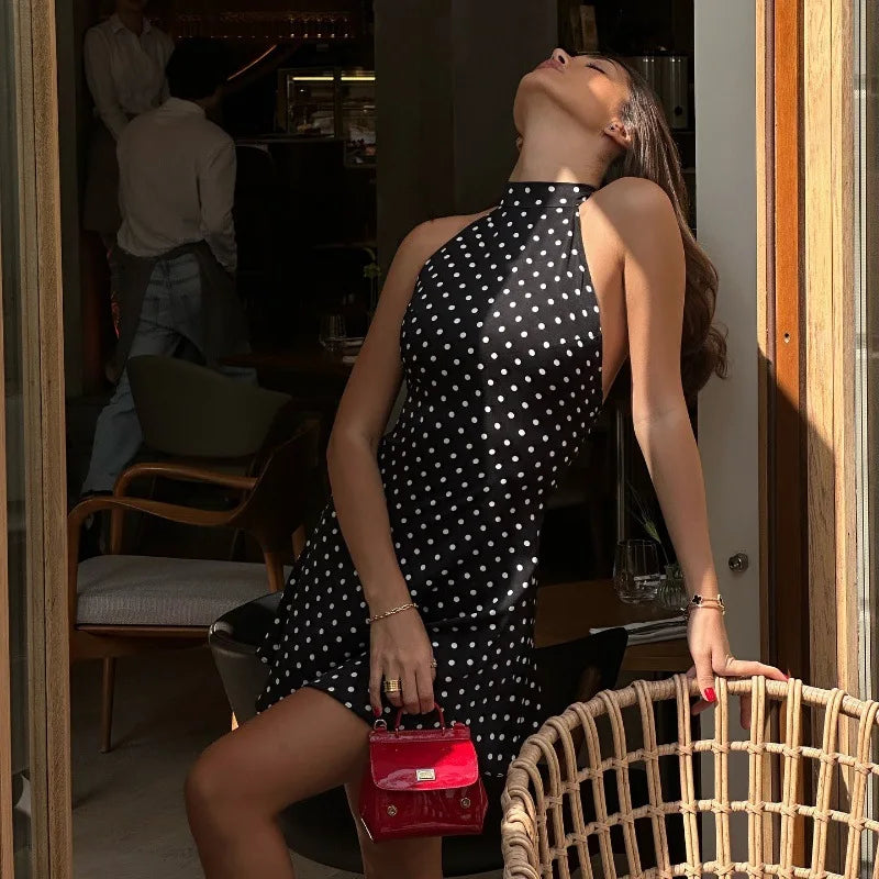 Polka Dot Elegant Off Shoulder Sleeveless Backless High Waist Halter Mini Dress