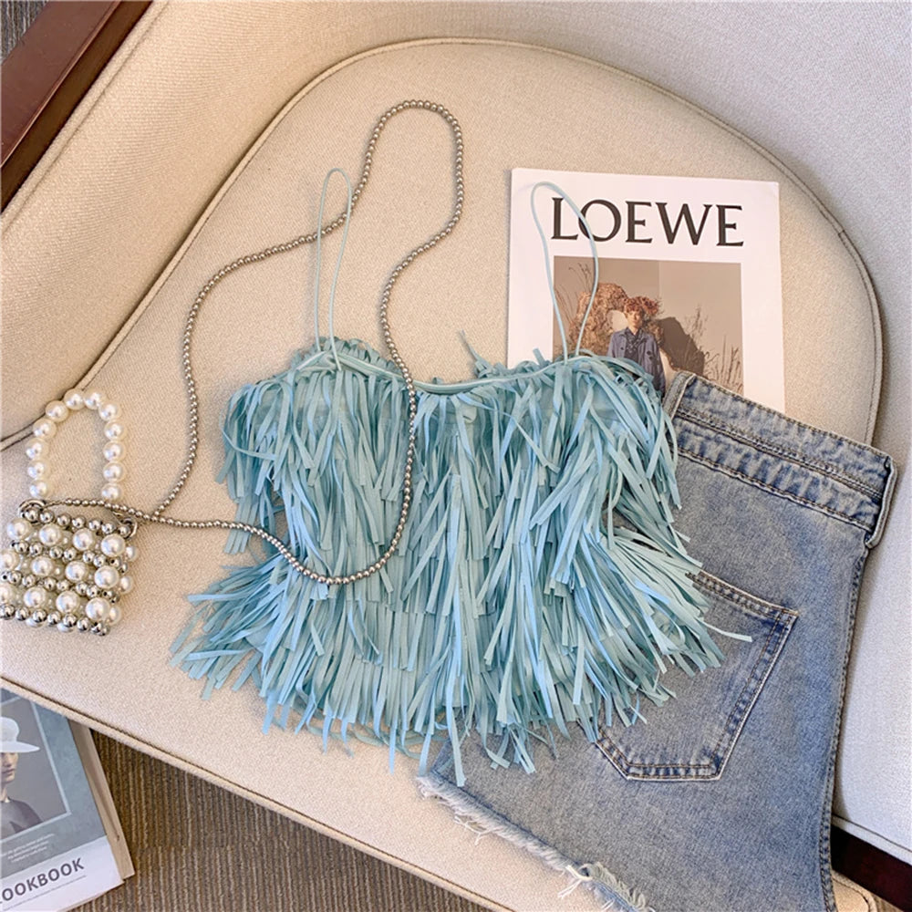 Sexy Fringed Halter Top Women's Summer New Blue Fashion Small Top Trendy Tassel Strap Vest Soft Tulle