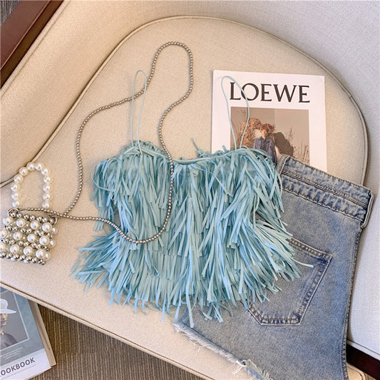 Sexy Fringed Halter Top Women's Summer New Blue Fashion Small Top Trendy Tassel Strap Vest Soft Tulle