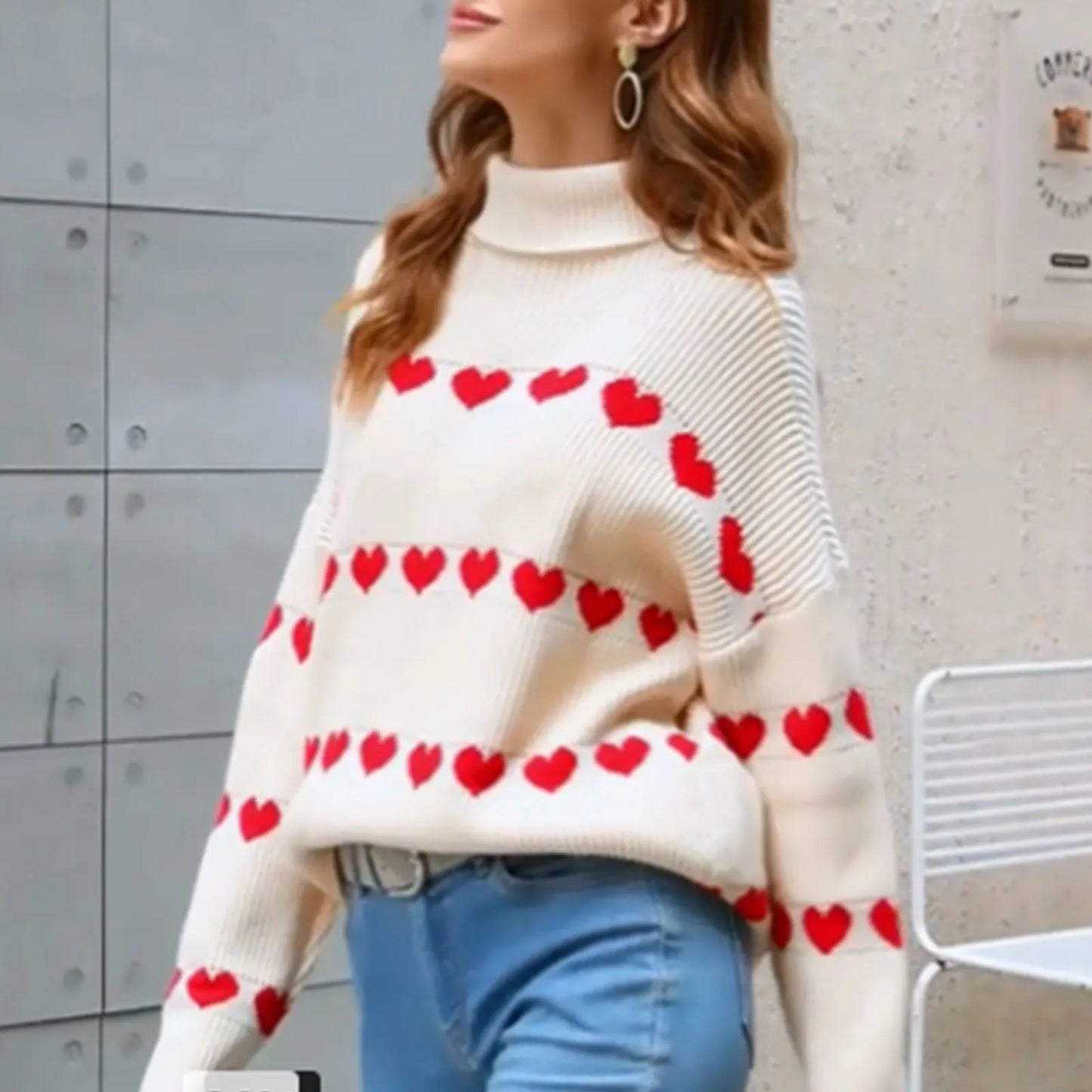 Valentine's Day Women's Heart Print Sweaters Long Sleeve Turtleneck Oversized Pullovers Casual Knit Tops