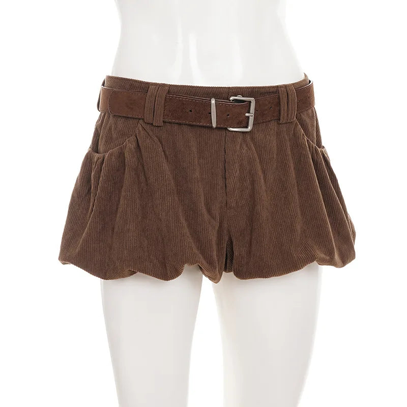 Autumn Brown Corduroy Culotte Shorts with Low-Waist & Suede Belt