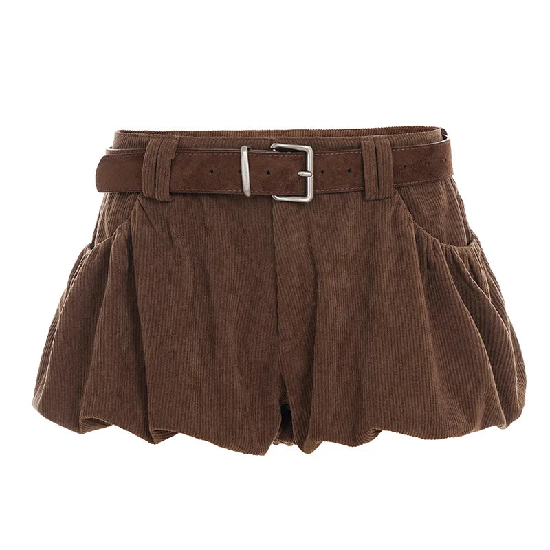 Autumn Brown Corduroy Culotte Shorts with Low-Waist & Suede Belt