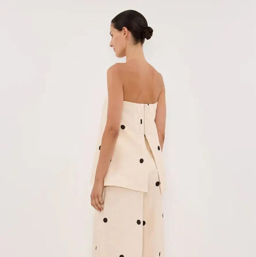 Backless Polka Dot Tops Pants Sets Loose Strapless Back Split Vest Pocket Wide Leg Pant