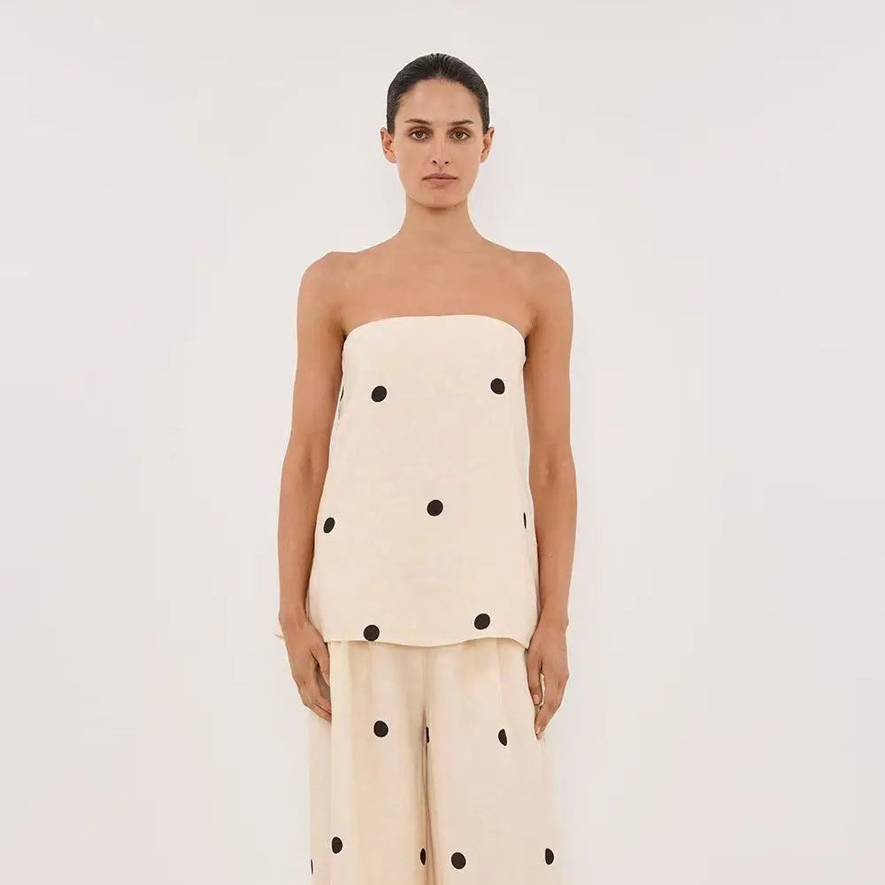 Backless Polka Dot Tops Pants Sets Loose Strapless Back Split Vest Pocket Wide Leg Pant