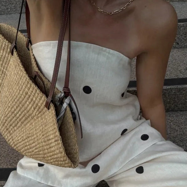 Backless Polka Dot Tops Pants Sets Loose Strapless Back Split Vest Pocket Wide Leg Pant
