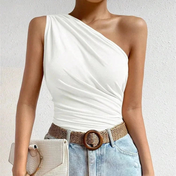One Shoulder Pleated Tank Top Summer Solid Sleeveless Ruched T-shirt Streetwear Off the Shoulder Top