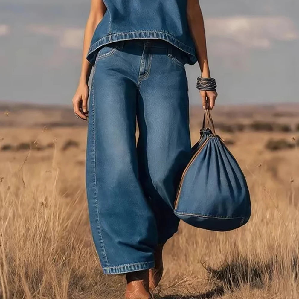 Vintage Western Denim Vest Top Two Piece Set Solid Crew Neck Sleeveless Loose T-Shirt With Wide Leg Pants