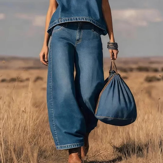Vintage Western Denim Vest Top Two Piece Set Solid Crew Neck Sleeveless Loose T-Shirt With Wide Leg Pants