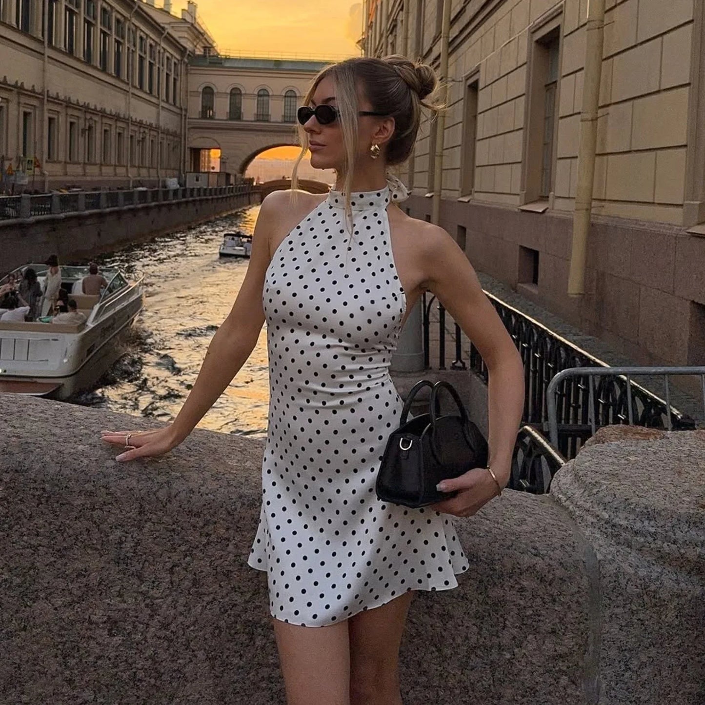 Polka Dot Elegant Off Shoulder Sleeveless Backless High Waist Halter Mini Dress
