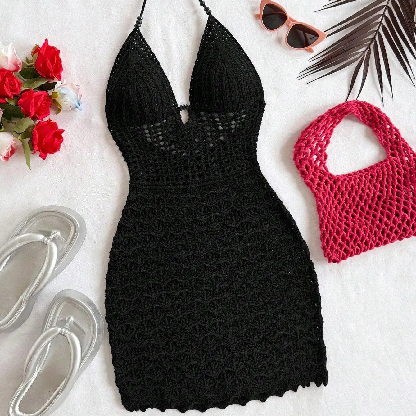 Spring Summer Sexy V-Neck Hollow out Dress Vacation Slim Strapless Beachwear Suitable for Date Occasions